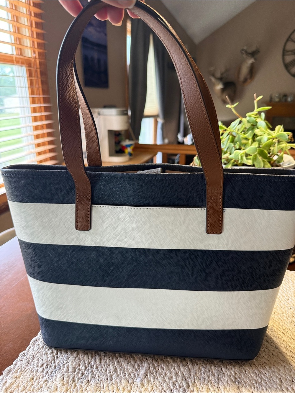 Michael Kors Navy and White Striped Tote with Brown Handles - Picture 6 of 10